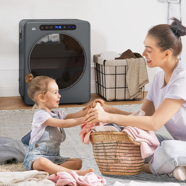 HOMCOM 4Kg Vented Tumble Dryer, 1000W Compact Freestanding Front Tumble Dryer with Stainless Steel Tub, Timer, 6 Heat Settings, Small Portable Clothes Drying Machine, Grey