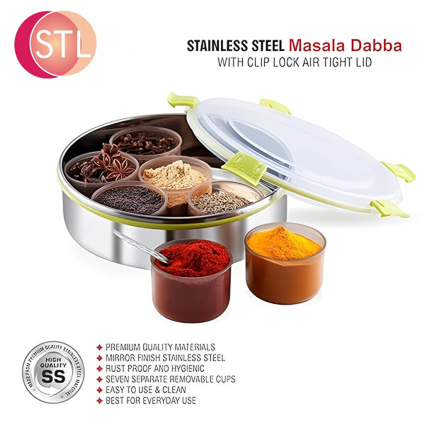 Masala Dabba (Spice Box) | Authentic Indian Style Stainless Steel Masala Dabba | with 7 Removable Compartments & 2 Spoons | See through Lid |