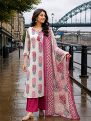 TeamWear* Women'S Cotton Embroidered Printed Kurta with palazzo & Dupatta Set with lace