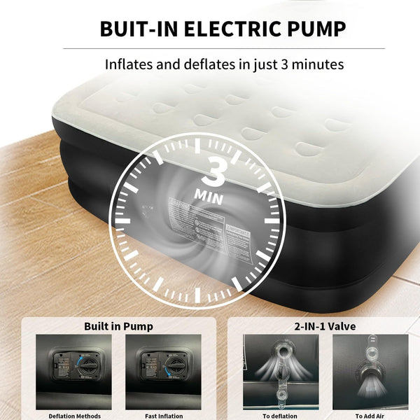 Casabella Air Bed - Airbed with Built-in Electric Air Pump, 3 Min Self-Inflating/Deflating Single Air Mattress with Flocked Surface, Portable Blow Up Mattress for Home, Camping & Guests (99x190+46cm)