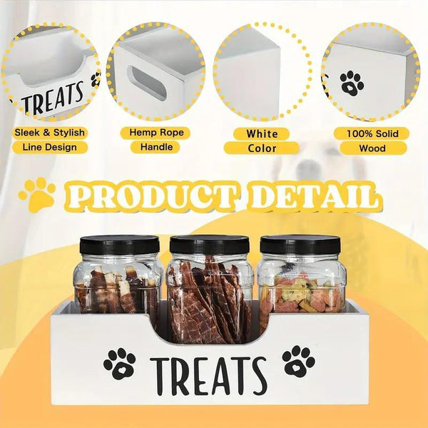 5-in-1 Wooden Pet Food Storage + 3 Plastic Jars + 1 Sticker – Uncharged Container for Dog & Cat Food Storage – Durable Wood Material Farmhouse Style Organizer for Pet Treats