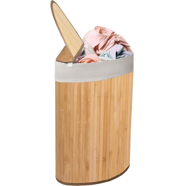 KNIGHT 57L Bamboo Laundry Hamper, Corner Laundry Basket with Swing Lid, Removable & Washable Lining, Easy to Assemble & Foldable Storage Bin,35x35x60 (Natural)