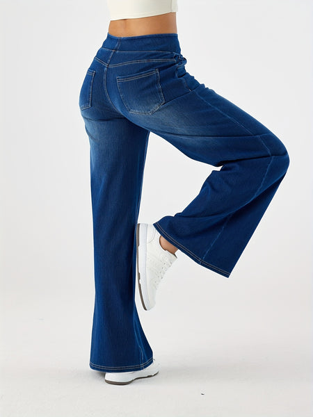 Women'S High-Waist Stretch Denim Wide-Leg Pants with Multiple Pockets, Distressed Vintage Casual Denim Long Pants