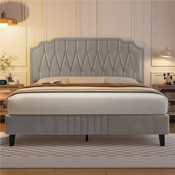 Costoffs Double/King Bed Frame Upholstered Platform Bed with Adjustable Button Tufted Headboard/Velvet Fabric/Mattress Foundation/Sturdy Wooden Slat Support, No Box Spring Needed, Black/Beige/Dark Grey/Light Grey