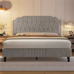 Costoffs Double/King Bed Frame Upholstered Platform Bed with Adjustable Button Tufted Headboard/Velvet Fabric/Mattress Foundation/Sturdy Wooden Slat Support, No Box Spring Needed, Black/Beige/Dark Grey/Light Grey