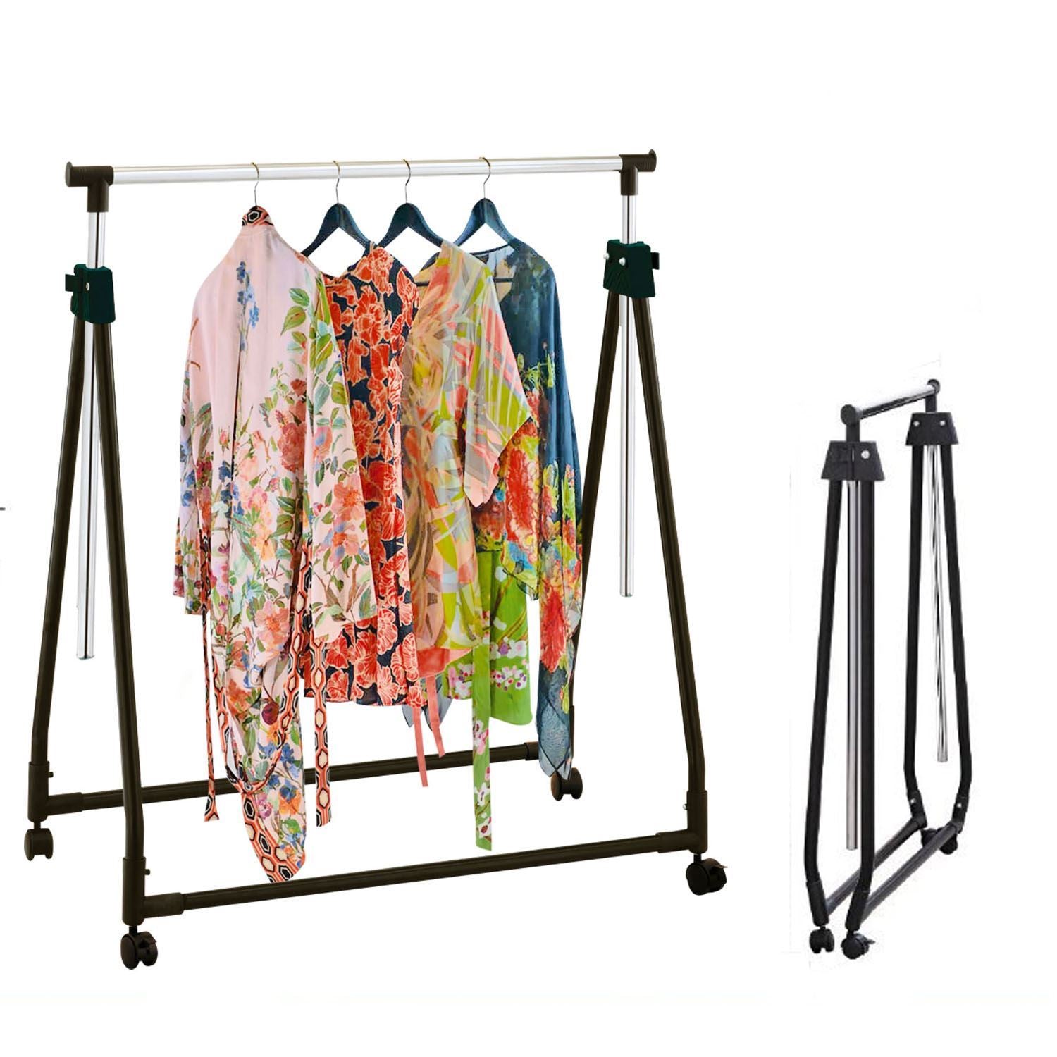 Chrome Adjustable Clothes Rail on Wheels – Portable Garment Hanging Stand for Coats, Dresses & More – Easy to Move & Store