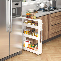 4-Tier White Rolling Storage Cart – Carbon Steel Slim Design with Wheels for Kitchen, Bathroom & Laundry Room Organization, Spice Rack & Condiment Storage, Compact Mobility for Narrow Spaces