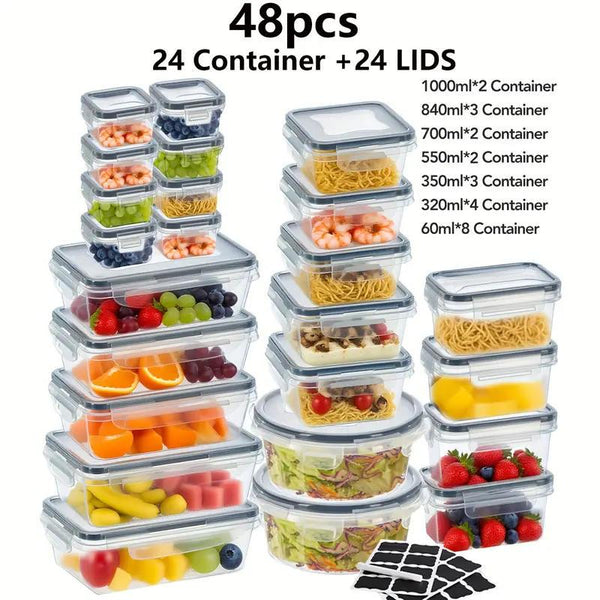48pcs / 24pcs Plastic Refrigerator Storage Boxes, (24/12 Lids + 24/12 Containers) Kitchen Fresh‑Keeping Container Set, Refrigerator And Freezer Organizers, Fruit And Vegetable Sealed Boxes, Airtight Design, Easy‑Open Lids, Stackable Design, with Labels An