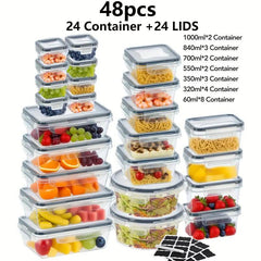 48pcs / 24pcs Plastic Refrigerator Storage Boxes, (24/12 Lids + 24/12 Containers) Kitchen Fresh‑Keeping Container Set, Refrigerator And Freezer Organizers, Fruit And Vegetable Sealed Boxes, Airtight Design, Easy‑Open Lids, Stackable Design, with Labels An