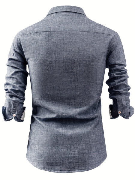Linen Men'S Casual Shirt Long Sleeve Linen Solid Color Breathable Fashion Men'S Top Blouse Retro Open Front with Pockets