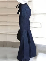 Ladies' Elegant Style Features High-Waisted Elastic Casual Pants, Complete with a Belt And Original Color Flared Trousers