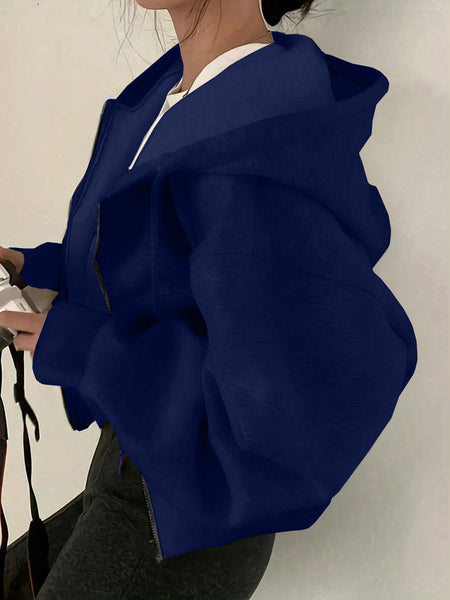 Women's Elegant Fleece Hooded Zipper Jacket with Drawstring - Soft Warm Long Sleeve Sweatshirt, Front Pockets, All-Season Casual Outerwear for Daily Comfort, Sweater Zip Up Hoodie, Comfort Fit Apparel, Ribbed Cuffs Design