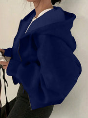 Women's Elegant Fleece Hooded Zipper Jacket with Drawstring - Soft Warm Long Sleeve Sweatshirt, Front Pockets, All-Season Casual Outerwear for Daily Comfort, Sweater Zip Up Hoodie, Comfort Fit Apparel, Ribbed Cuffs Design