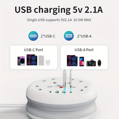 8-in-1 Power Strip Surge Protector/ Power Board/ Extension Socket with 2m Retractable Cord, 3250W, 13A, Portable Power Socket, Overload Protection, 4 AC Power Sockets, 4 USB Ports, Suitable for Home, Kitchen, Office Or Hotel Use.