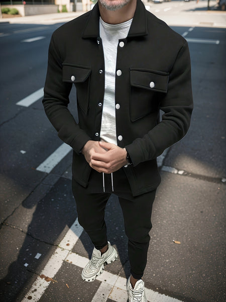 Men'S Fashionable Versatile Lapel Genuine Pocket Outwear Long Sleeve Jacket And Drawstring Solid Color Pocket Pants 2pcs Set