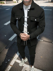 Men'S Fashionable Versatile Lapel Genuine Pocket Outwear Long Sleeve Jacket And Drawstring Solid Color Pocket Pants 2pcs Set