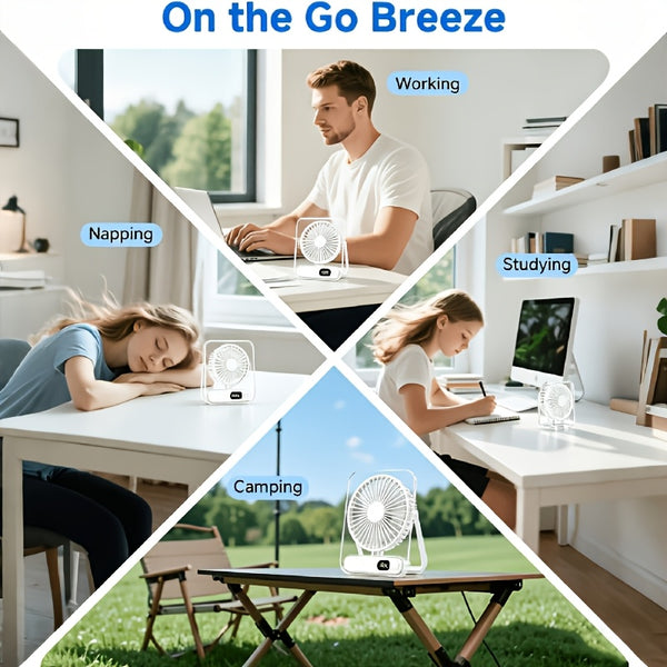 Mini Portable USB Fan Desktop Fan Rechargeable, Ultra-Quiet 5-Speed Adjustment Foldable 180 Degree Adjustable with LED Display for Office, Home, Outdoor, Camping And Travel