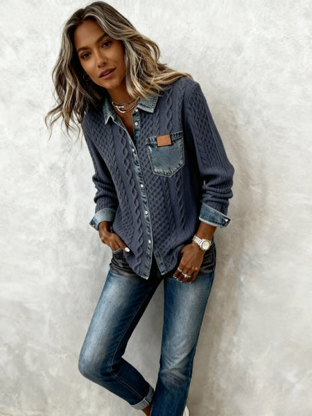 Women's Patchwork Denim Shirt Autumn/Winter Fashion Long-Sleeved Cardigan Versatile 2pcs Style Denim Collar Top Casual Vintage Aesthetic Ideal for Autumn/Winter Commuting, Office Wear, Casual Outings, and Layering