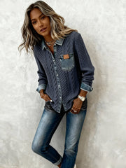 Women's Patchwork Denim Shirt Autumn/Winter Fashion Long-Sleeved Cardigan Versatile 2pcs Style Denim Collar Top Casual Vintage Aesthetic Ideal for Autumn/Winter Commuting, Office Wear, Casual Outings, and Layering