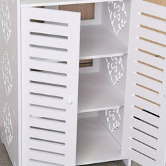 4-Tier White Modern Storage Cabinet with Double Doors - Heavy-Duty MDF/MDF-like Softwood, Shoe & Bookshelf Organizer, -Standing Furniture for Living Room, Bedroom - Space-Saving Vertical Cabinet (No Metal Parts