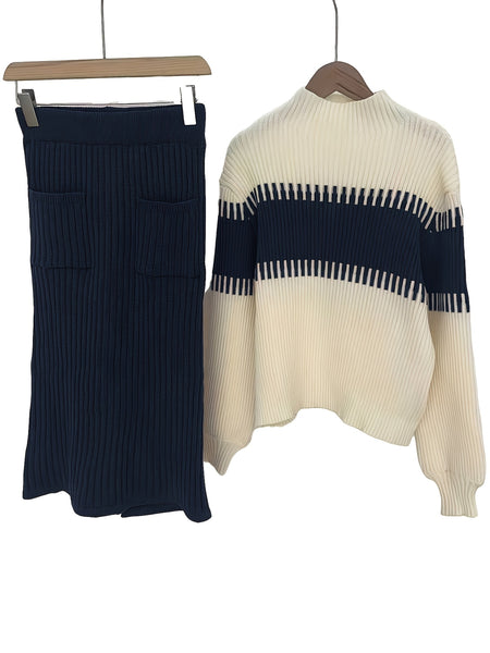 High Neck Pullover Skirt Split Two-Piece Color Block Contrast Thick Long Sleeve Sweater Set, Winter Wardrobe, Elegant Style, Color Block Design, Thick Fabric, Pullover Top, Long Sleeve Skirt, Women'S Fashion, Office Wear