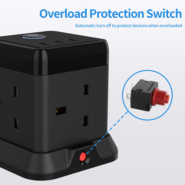 Cube Extension Lead with 3 USB Slots 13A 3250W Hulker 4 Gang Plug Extension Socket with Switch 4 Way Power Strip with 3 USB Port 1.5m Extension Cord Black for Home Dorm Office Travel