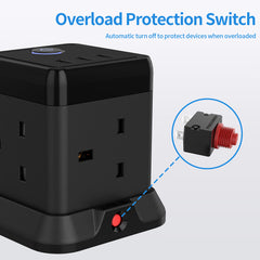 Cube Extension Lead with 3 USB Slots 13A 3250W Hulker 4 Gang Plug Extension Socket with Switch 4 Way Power Strip with 3 USB Port 1.5m Extension Cord Black for Home Dorm Office Travel