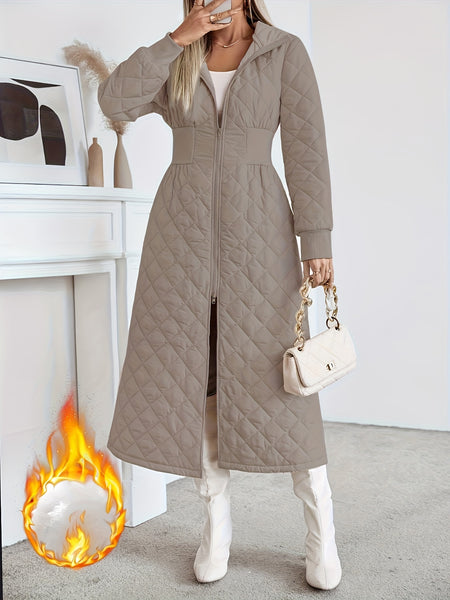 Women'S Casual Quilted Long Coat, Solid Color Long Sleeves with Pockets, Elegant Hooded Winter Warm Jacket