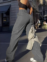 Flap Pocket Solid Color Cargo Pants, Y2K Slant Pocket Button Front Every Day Pants, Women's Clothing