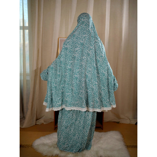 Traditional Muslim Women's Printed Hooded Prayer Gown Two-Piece Set - Upper Skirt 80cm, Lower Skirt 105cm