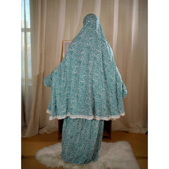 Traditional Muslim Women's Printed Hooded Prayer Gown Two-Piece Set - Upper Skirt 80cm, Lower Skirt 105cm