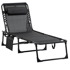 Portable Sun Lounger, Folding Camping Bed with Side Pocket and Pillow for Patio
