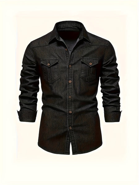 New Men'S Denim Shirt, Casual Solid Color Men'S Long Sleeve Dress Shirt