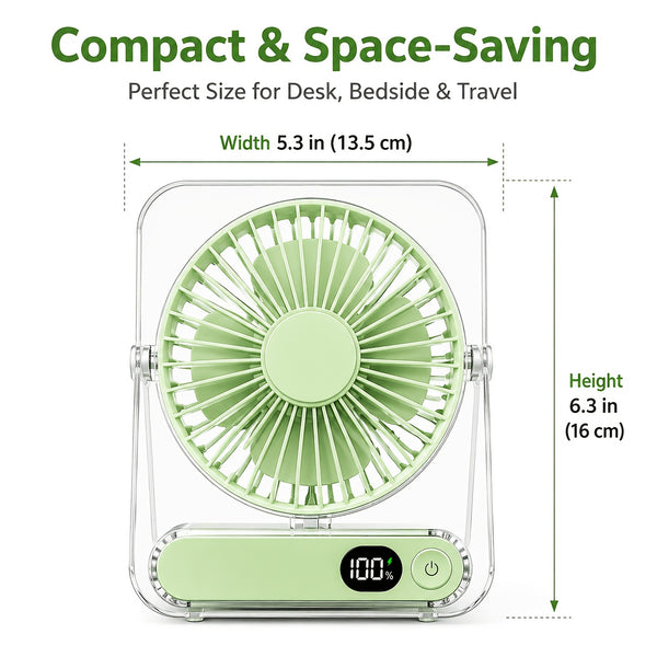 Rechargeable USB Desktop Fan (5000Mah Battery Included): Ultra-Quiet Operation with a Foldable Design And Digital Battery Level Display. Constructed from Durable Acrylic Material. A Device Perfect for Home Use