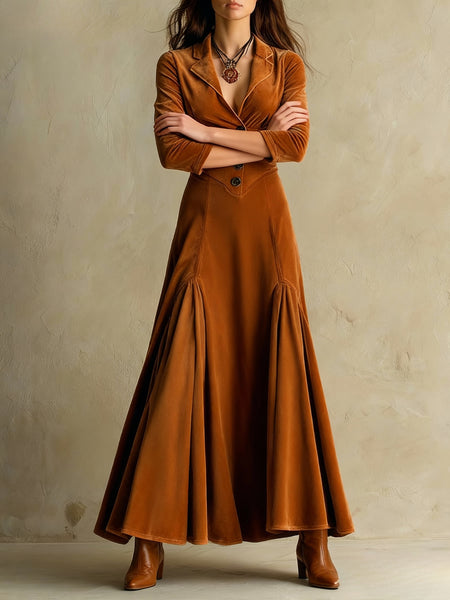 Chic Long Dress with a Lapel Collar, Featuring Three-Quarter Sleeves And a Vintage Full Skirt. Perfect for Autumn And Winter Office Wear, Retro Gatherings, Casual Outings, And Light Social Events