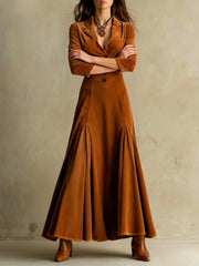 Chic Long Dress with a Lapel Collar, Featuring Three-Quarter Sleeves And a Vintage Full Skirt. Perfect for Autumn And Winter Office Wear, Retro Gatherings, Casual Outings, And Light Social Events