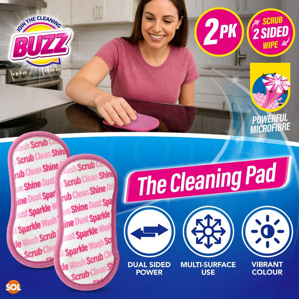 Buzz 2pk Cleaning Pads | Dual-Sided Non Scratch Scouring Pads | Reusable Kitchen & Bathroom Scrubbers for Dishes, Pots, Sink & Everyday Use | Washable Non Scratch Sponge Scourers