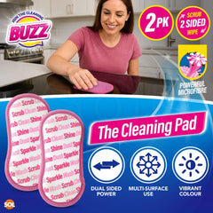 Buzz 2pk Cleaning Pads | Dual-Sided Non Scratch Scouring Pads | Reusable Kitchen & Bathroom Scrubbers for Dishes, Pots, Sink & Everyday Use | Washable Non Scratch Sponge Scourers