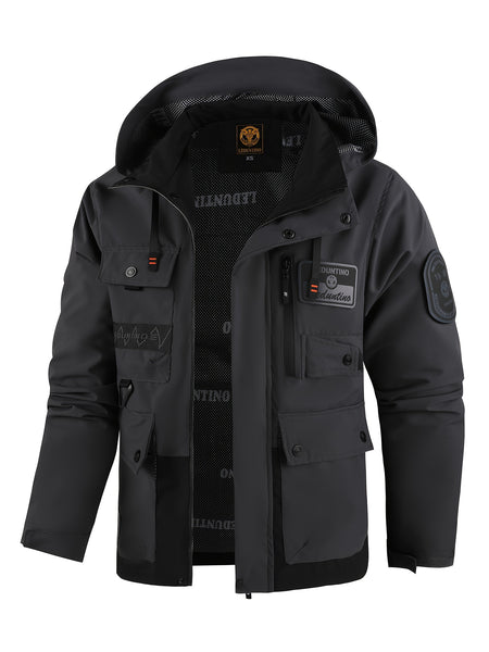 Men's Spring Autumn New Hooded Thin Jacket Men's Outdoor Warm Storm Jacket Men's Casual Multi-Pocket Cargo Jacket Men's Hat Detachable Zipper Jacket Men's Color Insertion Jacket
