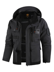 Men's Spring Autumn New Hooded Thin Jacket Men's Outdoor Warm Storm Jacket Men's Casual Multi-Pocket Cargo Jacket Men's Hat Detachable Zipper Jacket Men's Color Insertion Jacket
