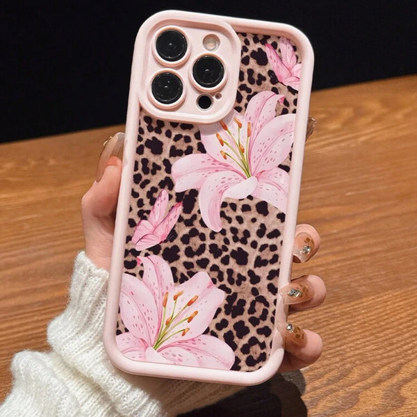 Phone Case: Cute Pink Lily and Leopard Print Design Matte Anti-drop Phone Case, Suitable for iPhone 17 Pro Max/17/Air, 16 Pro/16/15 Plus/15 Pro/14 Plus/14 Pro Max, 14/13/12/11 Pro Max/Pro/Plus Series, Anti-drop Luxury Simple Protection Shockproof