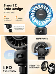 Warmco Portable Pram Fan, 4000Mah Rechargeable Clip on Fan (Up to 15H), 4 Speeds, LED Battery Display, Quiet Operation, Detachable Cover, for Stroller, Car Seat, Crib & Treadmill (Black)