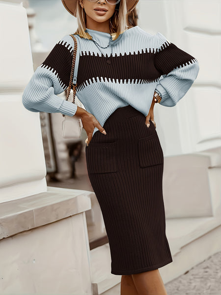 High Neck Pullover Skirt Split Two-Piece Color Block Contrast Thick Long Sleeve Sweater Set, Winter Wardrobe, Elegant Style, Color Block Design, Thick Fabric, Pullover Top, Long Sleeve Skirt, Women'S Fashion, Office Wear