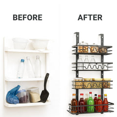 Over Door Pantry Organiser – 4 Tier Adjustable Storage Rack with Removable Baskets – Heavy Duty Metal Hanging Door or Wall Mount Spice Rack for Kitchen, Bathroom & Utility Room – Space Saving