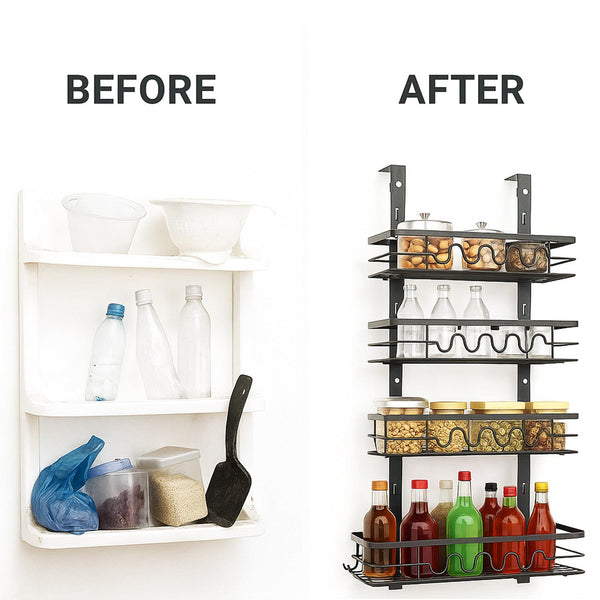 Over Door Pantry Organiser – 4 Tier Adjustable Storage Rack with Removable Baskets – Heavy Duty Metal Hanging Door or Wall Mount Spice Rack for Kitchen, Bathroom & Utility Room – Space Saving