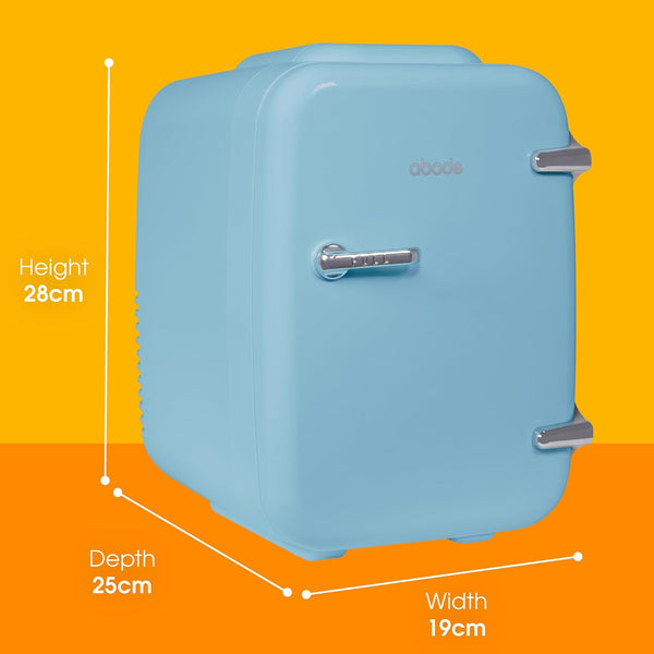 Abode Blue Mini Fridge A4CLR201BL 4L/6 Can Portable Thermoelectric Mini Cooler & Warmer for Drinks, Cosmetics/Makeup/Skincare, AC/DC Power, Retro Style, for Bedroom, Home, Caravan, Car