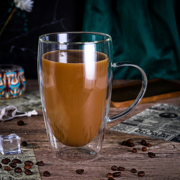 Vinsani Double Walled Coffee Drink Glasses Tea Cup Mug Heat Cold Resistant Aesthetic Clear Borosilicate Glass with Handle Cappuccino Latte Tea Dessert Hot and Cold Drinks