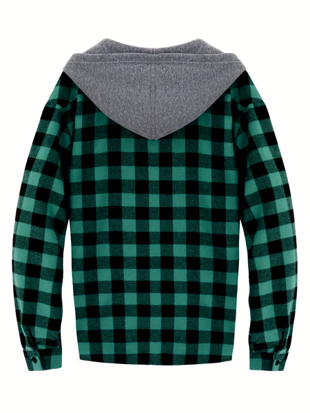 2pcs Men's New York Fashion Trendy Plaid Shirt Hoodie, Plaid Pullover Sweatshirt Flannel Hoodie
