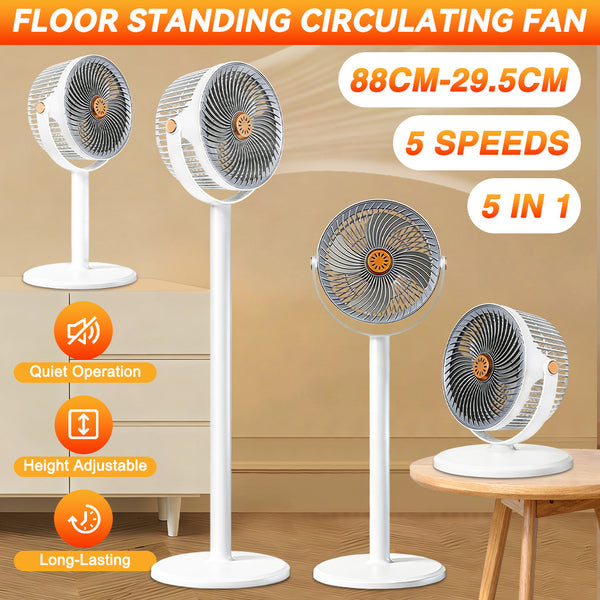 5-in-1 Floor Standing Circulating Fan, 5 Speeds Quiet Adjustable Height Fan (29.5-88cm), 360° Up & Down Tilt, Silent Stable Air Circulator Fan for Bedroom, Living Room, Office, Dorm, Portable Cooling Fan for Home, Office, Travel, Ideal for Hot Flashes, Sl