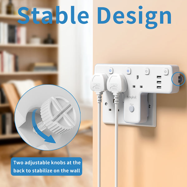 UK Plug Extension Socket with 3 USB Ports & 3 AC Outlets, Surge Protection, 180° Rotating T-Shaped Design, 3250W Power, LED Light Switch for Home Office, Electronic Device Charging | Surge Protection Feature